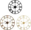 A collage of three different large metal wall clocks with Roman numerals, each in a different color. Produktbild-Vorschau