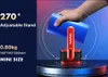 A hand holding a blue cylindrical object above a red and black projector stand, demonstrating its adjustable angle. Náhled obrázku produktu
