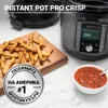 An Instant Pot Duo Crisp Multikocher is shown with food and a sauce, along with marketing text. Produktbild-Vorschau