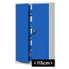 A blue metal filing cabinet with its doors open, showing shelves filled with files. Podgląd zdjęcia produktu