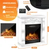 A collage of an electric fireplace and its features, including dimensions and controls. Produktbild-Vorschau