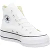A white Converse Chuck Taylor All Star high-top sneaker with a platform sole, shown from a side-front angle against a white background. Voir les images du produit