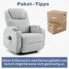 A light gray recliner chair is shown next to two stacked cardboard boxes labeled 'BOX 1' and 'BOX 2'. Text at the top reads 'Paket-Tipps' and text at the bottom reads 'Dieser Artikel wird in zwei Kartons geliefert und kommt möglicherweise nicht gleichzeiti Náhľad obrázku produktu