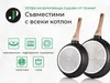 Two frying pans are shown with icons and text describing their features and compatibility. Podgląd zdjęcia produktu
