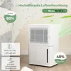 A white dehumidifier is shown in a room with decorative elements and text overlays highlighting its features. Podgląd zdjęcia produktu