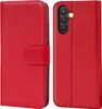 A red book-style phone case is shown open and closed. Produktbild-Vorschau