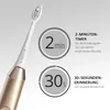 A close-up of a gold and white electric toothbrush with text overlays describing its features. Náhled obrázku produktu