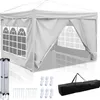 A white pop-up tent with arched windows is displayed on a white background, along with its accessories. Náhled obrázku produktu
