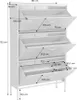 A white metal shoe cabinet with three flip-down drawers, shown with dimensions indicated by measurement lines and text. Produktbild-Vorschau