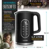 A black electric kettle with a digital display and temperature controls is shown next to a woman holding a mug. The background features various teas and text highlighting product features. Produktbild-Vorschau