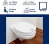 A white toilet seat is shown mounted on a wall, with a wooden floor visible below. The top portion of the image contains marketing icons and text. Produktbild-Vorschau