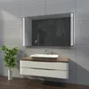 A modern bathroom vanity with a sink and mirror, featuring LED lighting. Produktbild-Vorschau