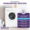 A washing machine with folded towels on top, next to a basket of laundry. A purple overlay provides information about washing instructions for a duvet. Produktbild-Vorschau