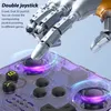 A robotic hand is shown interacting with a transparent purple game controller, highlighting its dual joysticks and buttons. Produktbild-Vorschau