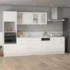 A modern, white kitchen with white cabinets, a sink, an oven, and a dishwasher. The floor is made of light-colored wood planks. Produktbild-Vorschau