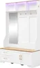 A white hall tree with a wooden bench top, mirror, and LED lighting. Produktbild-Vorschau