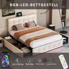 A bedroom scene featuring a bed with LED lighting and storage drawers, along with a smartphone app interface and remote control. Anteprima dell’immagine prodotto