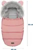 A pink baby sleeping bag with a faux fur hood and bear ears, shown with dimensions. Produktbild-Vorschau