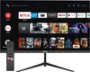 A smart TV and monitor displaying a Google TV interface with various app icons and movie posters, shown with its remote control. Produktbild-Vorschau