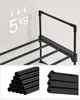 A collage showing a black metal shoe rack and its components, with text indicating weight capacity. Produktbild-Vorschau