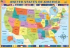 A colorful map of the United States of America showing all the states with their names and borders. It also includes inset maps of Alaska and Hawaii, and a globe showing North America. The map is surrounded by flags and decorative elements. Anteprima dell’immagine prodotto