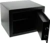 A black safe with its door open, revealing two shelves inside. The door has two circular dials for the electronic lock. Produktbild-Vorschau