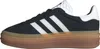A side view of a black Adidas Gazelle Bold sneaker with white stripes and a thick gum sole. Produktbild-Vorschau