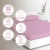 A pink fitted sheet on a bed, with informational icons around it. Produktbild-Vorschau