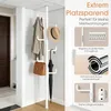A white telescopic coat rack with various items hanging on it, placed in a hallway next to a door. Informational graphics are displayed on the right side. Produktbild-Vorschau