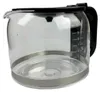 A clear glass coffee pot with a black lid and handle, featuring measurement markings. Produktbild-Vorschau