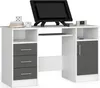 A white and gray computer desk with a monitor, keyboard, and drawers. Produktbild-Vorschau