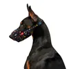 A Doberman dog wearing a muzzle with a space-themed pattern. Produktbild-Vorschau