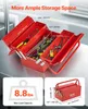 A red metal toolbox with various tools inside, shown with dimensions and load capacity. Podgląd zdjęcia produktu
