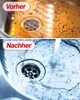 A split image showing a dirty sink drain before and a clean sink drain with running water after. Produktbild-Vorschau