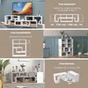Collage of images showcasing a modular white TV stand in different configurations and settings. Produktbild-Vorschau