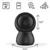 A black Hama indoor surveillance camera is shown in the center of the image, with feature icons at the top and measurement indicators on the sides. Produktbild-Vorschau
