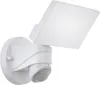 A white outdoor light fixture with a motion sensor, shown against a white background. Produktbild-Vorschau