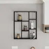 A black metal wall shelf with various items displayed on it, mounted on a light gray tiled wall. Náhled obrázku produktu