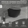 A black wall-hung toilet with informational text and icons below. Produktbild-Vorschau