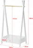 A white children's coat rack with a bamboo hanging rod and a storage bin at the bottom, featuring dimension labels. Voir les images du produit