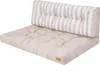 A close-up studio shot of a beige and white striped cushion set for outdoor furniture. Produktbild-Vorschau