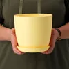 Hands holding a yellow planter with a saucer. Náhled obrázku produktu