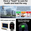 Collage of images showcasing smartwatch features related to health monitoring, including ECG analysis, blood lipid monitoring, and heart rate tracking, with accompanying text descriptions. Náhled obrázku produktu