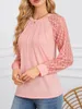 ASKSA Damen T-Shirt Rundhals Plissee Spitze LangarmShirts Produktbild-Vorschau 3
