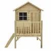 A wooden playhouse on stilts with a ladder and a small porch. Produktbild-Vorschau