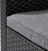A close-up view of a black rattan-style garden chair with a gray cushion. Produktbild-Vorschau