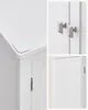 A collage of a white bathroom cabinet, showing close-ups of its top edge, door handles, and a door panel. Produktbild-Vorschau