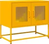 A yellow cabinet with two doors and fluted glass panels, shown on a white background. Voir les images du produit