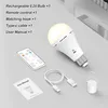 A rechargeable LED bulb, remote control, USB cable, and a hook are laid out on a light gray surface. Produktbild-Vorschau