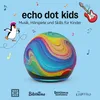 A colorful Amazon Echo Dot Kids speaker with musical notes and cartoon characters around it. Voir les images du produit